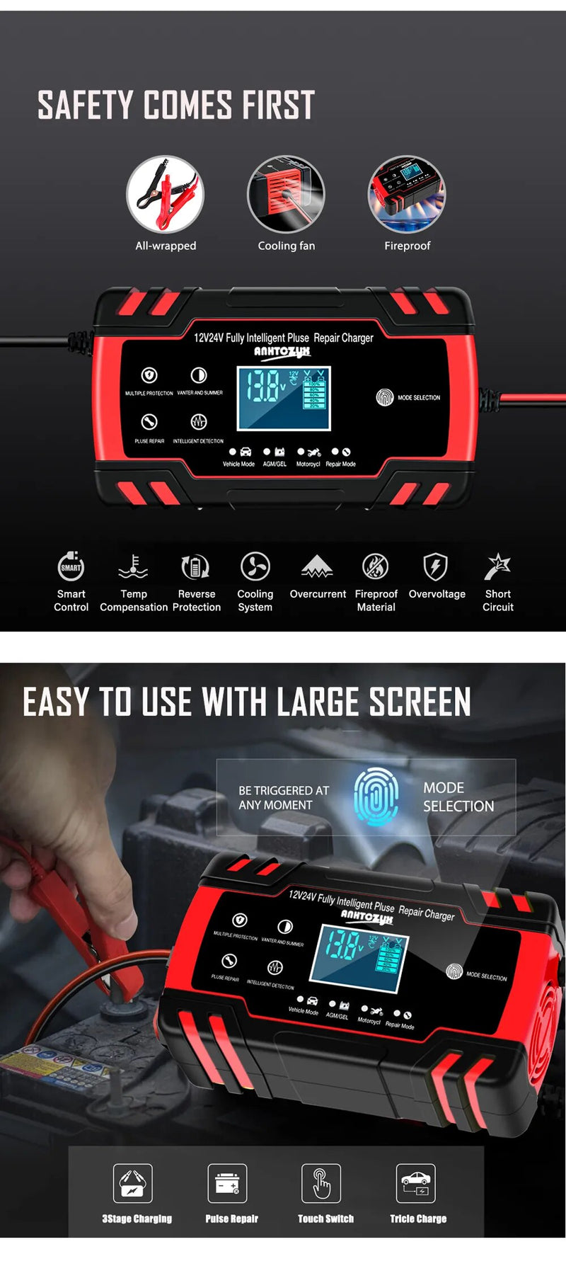 Carregador de Bateria do Carro com Display LCD Digital, Tela Sensível Ao Toque,